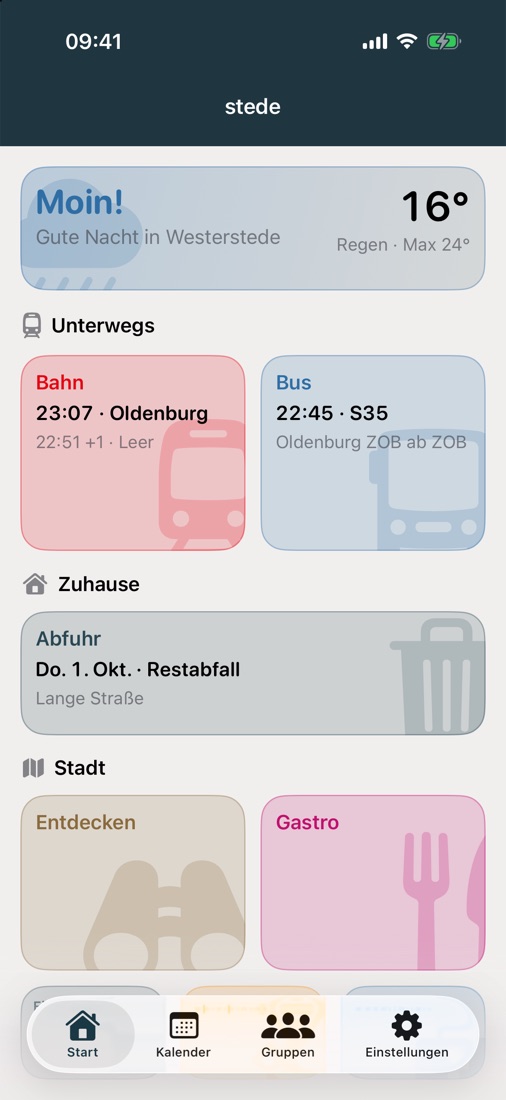 Startseite mit Wetter, Bahn, Bus, Abfuhr und Stadt-Kacheln