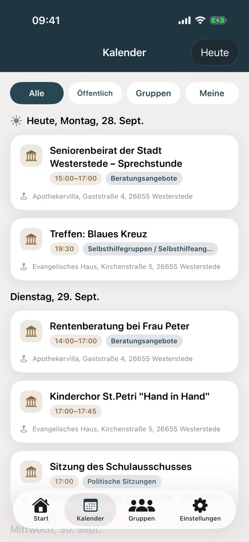 Kalender mit den Veranstaltungen der Stadt