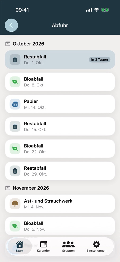 Abfuhrkalender für eine Straße