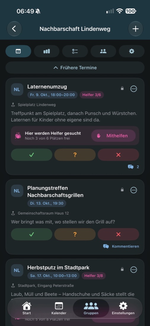 Gruppentermine mit Helfersuche und Zusagen