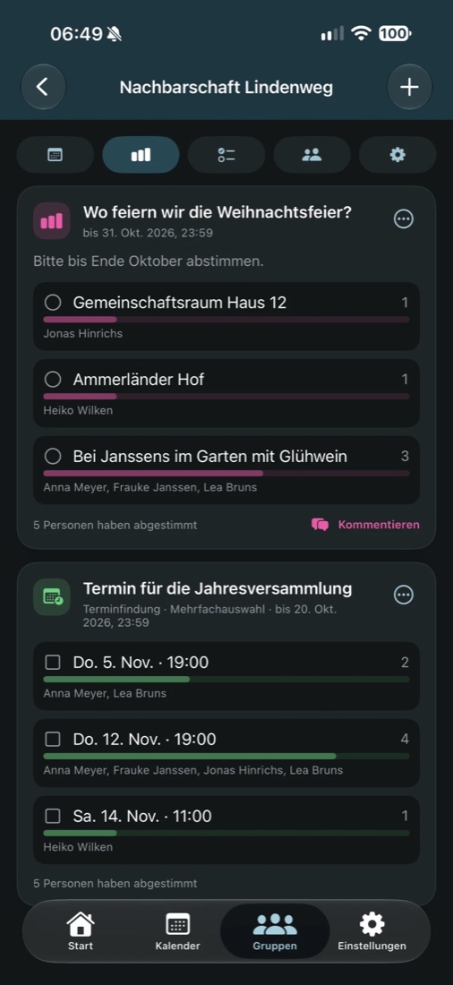 Umfrage und Terminfindung mit Namen der Abstimmenden