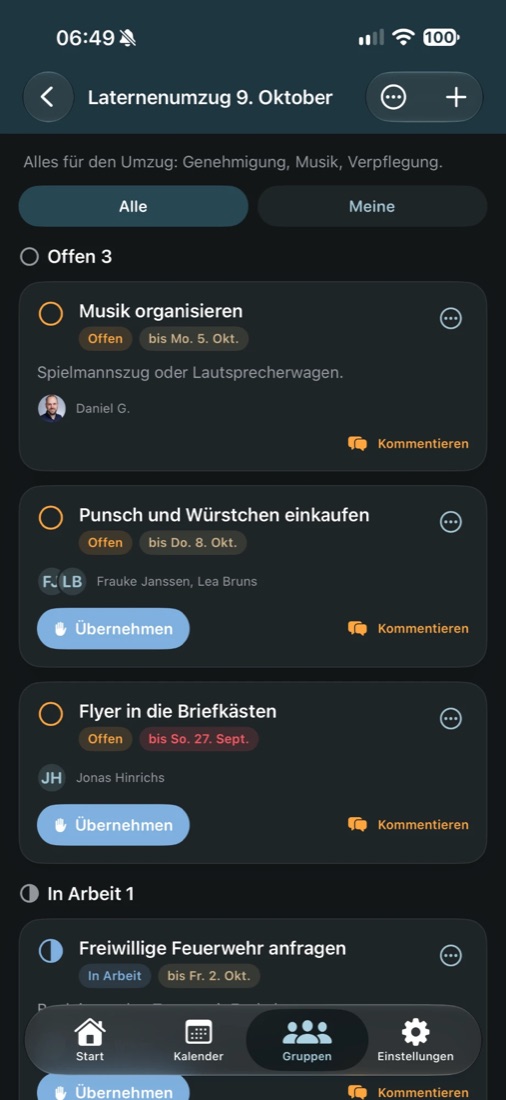 Aufgaben eines Projekts mit Status, Fälligkeit und Zuständigen
